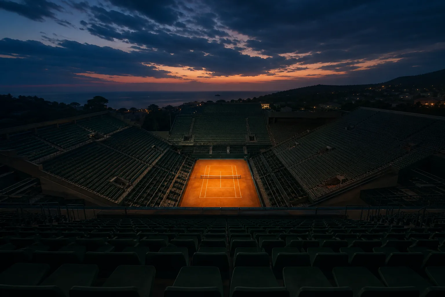 Stade de tennis vu des tribunes, court éclairé
