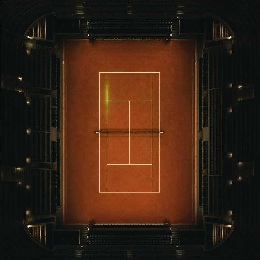 Overhead view of a clay court lit up in a night stadium