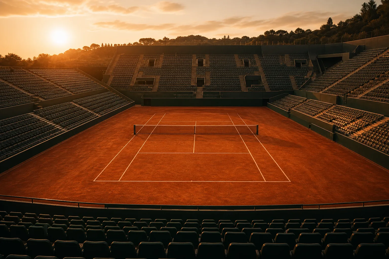Court de tennis en terre battue, vue du stade