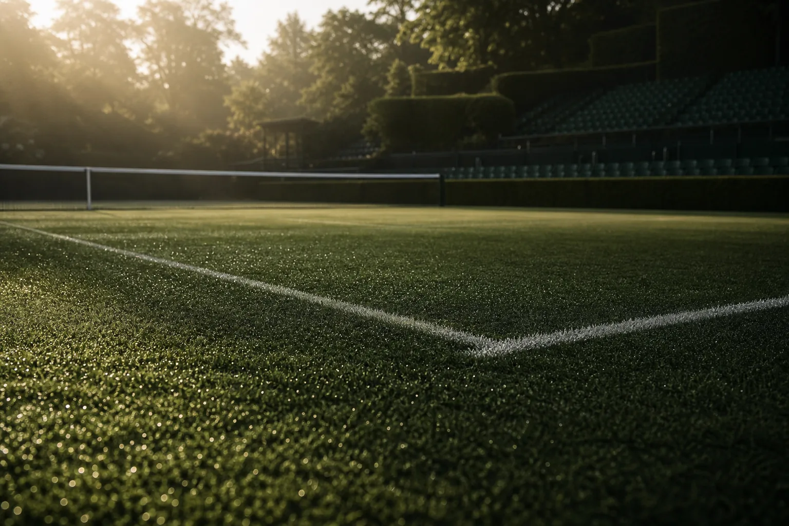 Court de tennis en gazon, vue du stade